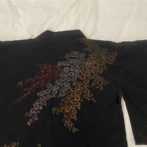Black Kimono from England with Red, White, and Gold Floral Embroidery